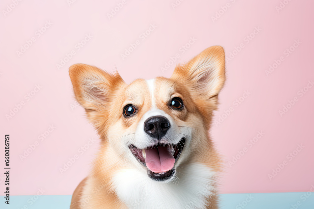 corgy puppy on a pink background 