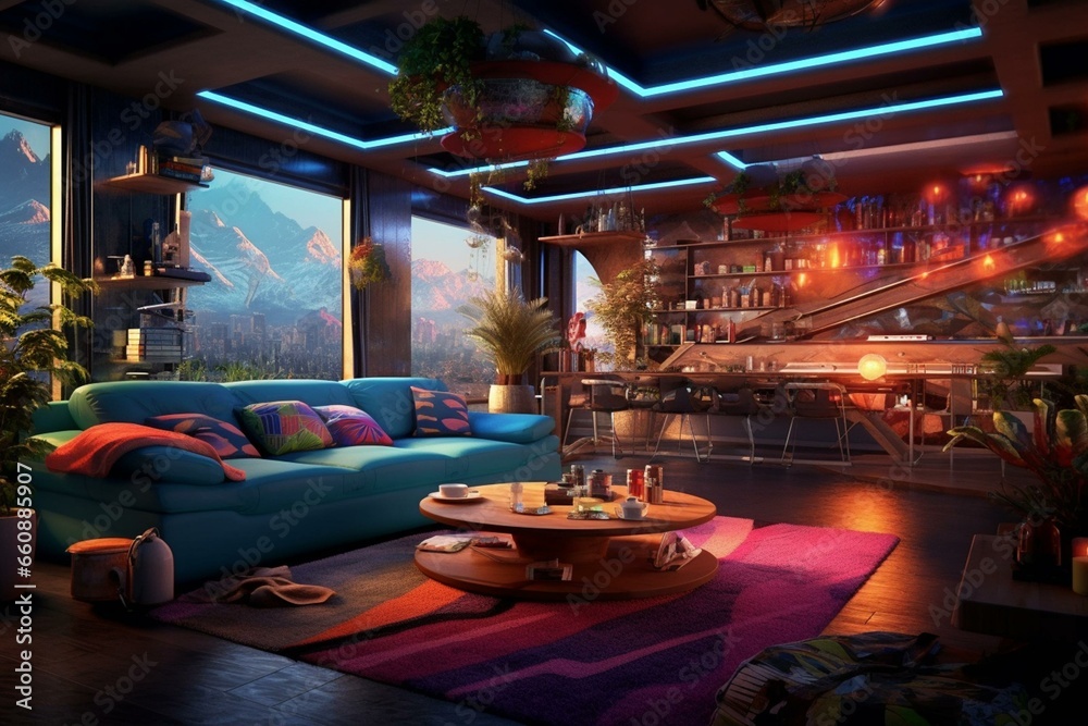 vibrant interior decor with colorful lights, glossy walls, and intricate digital artwork for stunning 8k HD space backgrounds. Generative AI - obrazy, fototapety, plakaty 