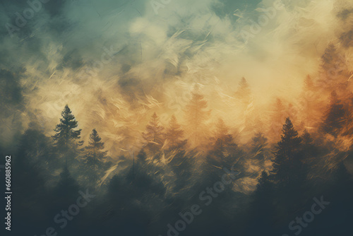 burning forest illustration. blue and orange color gradient background. abstract misty landscape with trees, fire, smoke, mountains as texture silhouette - ai generated 