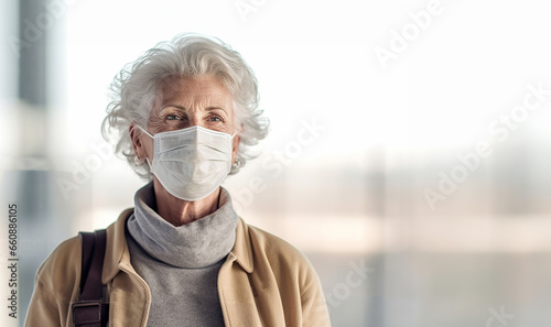 Mature senior woman wearing a face mask on blurred background. Flu epidemic and virus protection concept. Safety during a pandemic, epidemic, seasonal flu. Positive senior woman in medical mask