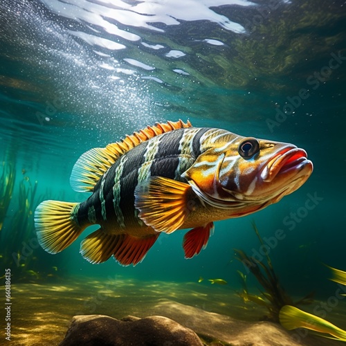 Vibrant peacock bass in the white Amazon River waters photo