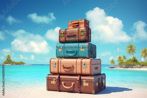 Stacked suitcases on tropical island background. Generative AI