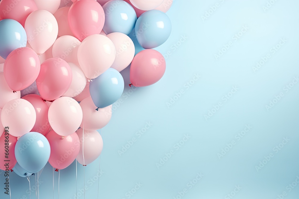 Cheerful blue and pink balloons scattered on a pastel pink background, leaving plenty of space for personalized messages or branding.