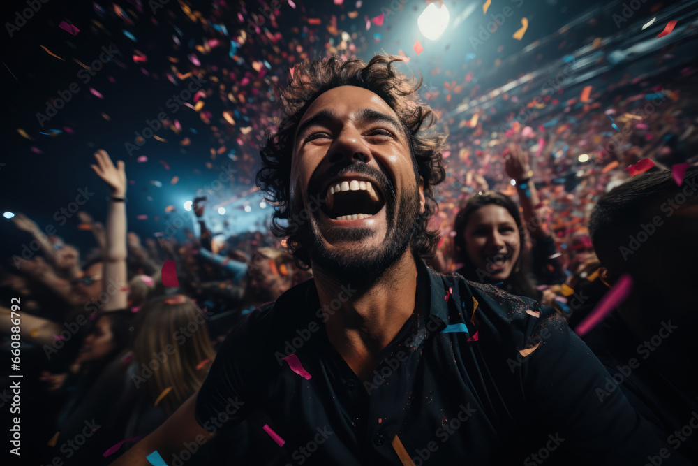 A shot capturing the moment when confetti cannons burst over the dancing crowd, creating a vibrant and lively atmosphere. Generative Ai