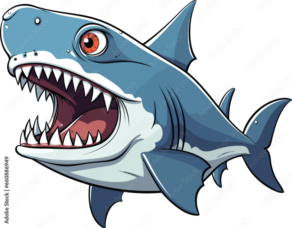 Obraz premium Vector illustration of an intimidating shark with its mouth open wide.