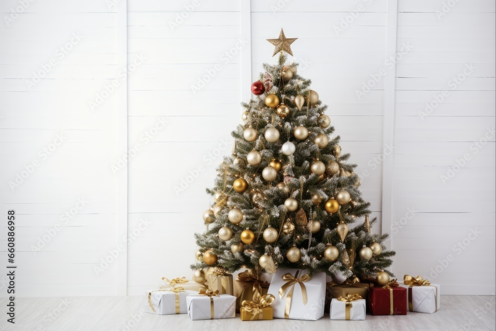 Festively Adorned Christmas Tree. Stunningly Decorated Tree with Shiny Baubles, Presents, and Copy Space on White Wall Background