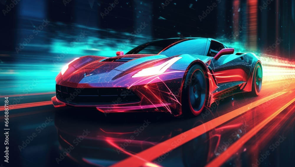neon glowing in the dark electric car on high speed running concept