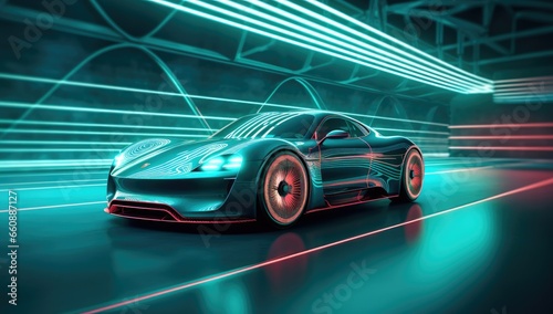 Futuristic sportcar on neon highway