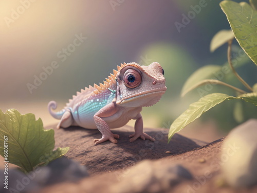 A cute Kawaii tiny photorealistic chameleon with a plain background  dragon  lizard  colorful  Cinematic  forest background  vibrant  