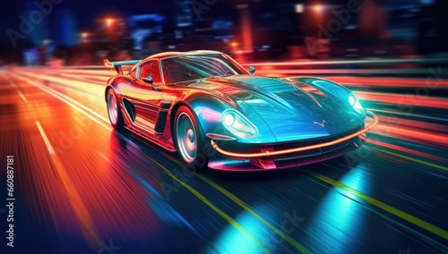 neon glowing in the dark electric car on high speed running concept