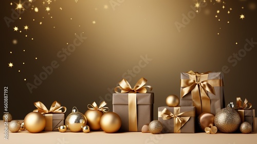 Many modern shining different gifts boxes with gold ribbon on a beige gold and grey background with copy space. Christmas concept. place for text AI.