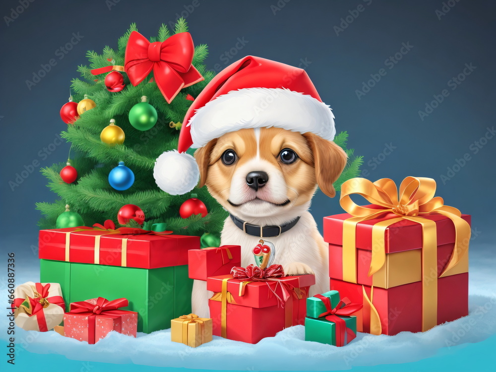 cute puppy wearing a Santa's hat, surrounded by gifts and a Christmas tree, playing with toys, vector style cute puppy wearing a Santa's hat, surrounded by gifts and a Christmas tree, playing with toys, vector style