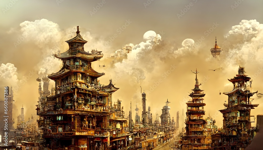 steampunk fantasy ancient asian city architecture streets daytime clear skies 