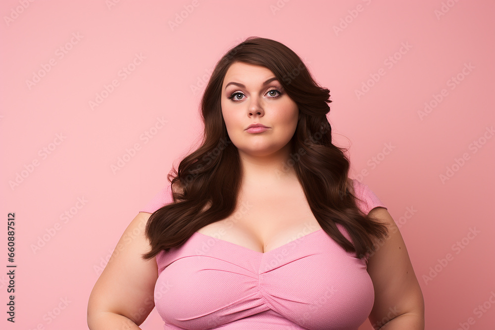 Studio portrait of beautiful fat overweighted woman on different colour background Studio portrait of beautiful fat overweighted woman on different colour background