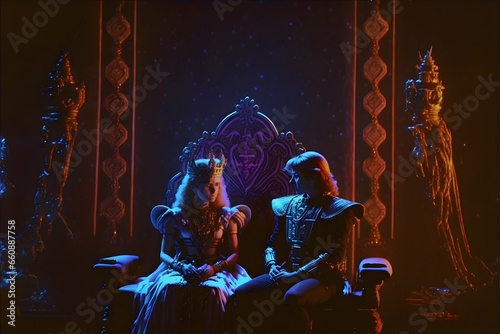 stillframe from Legend of Zelda as liveaction film king and queen throne room Darkfantasy 1987 Magic glitter sequins neon lights 