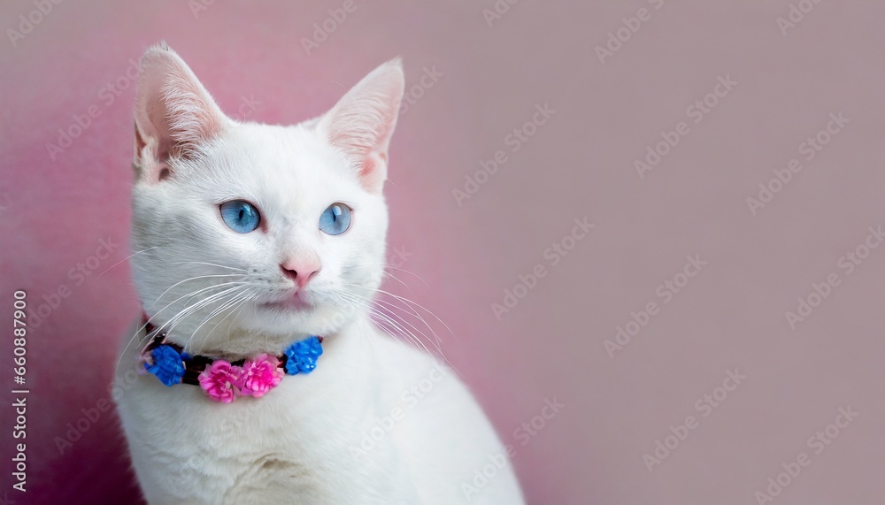 Cute white cat sitting in front of flat background Cute white cat sitting in front of flat background