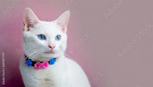 Cute white cat sitting in front of flat background