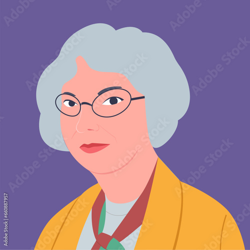 Portrait of old woman, grey hair female, illustration, flat vector on color background.