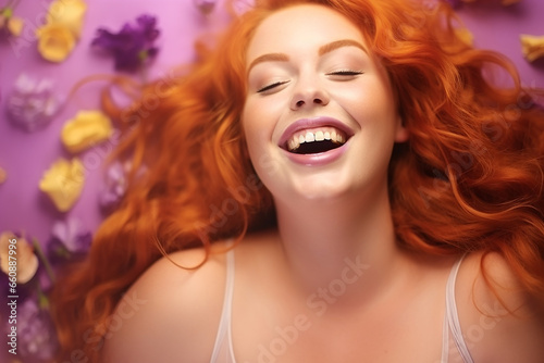 Studio portrait of beautiful fat overweighted woman on different colour background