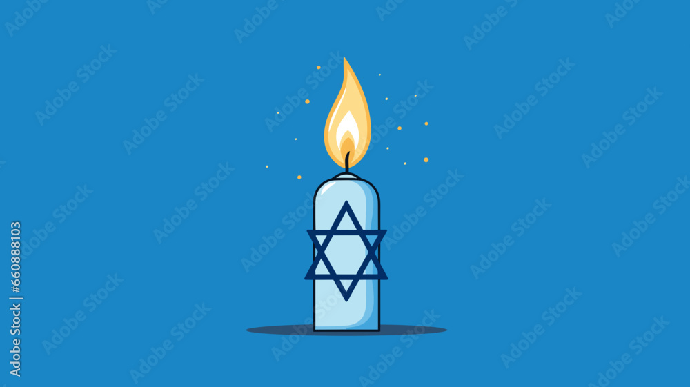 Fototapeta premium Vector illustration, stockphoto, White candle with the david star, symbol of Israel on a blue background with israeli flag. Copy space available. Hope an pray for Israel and the israeli people. Stop w