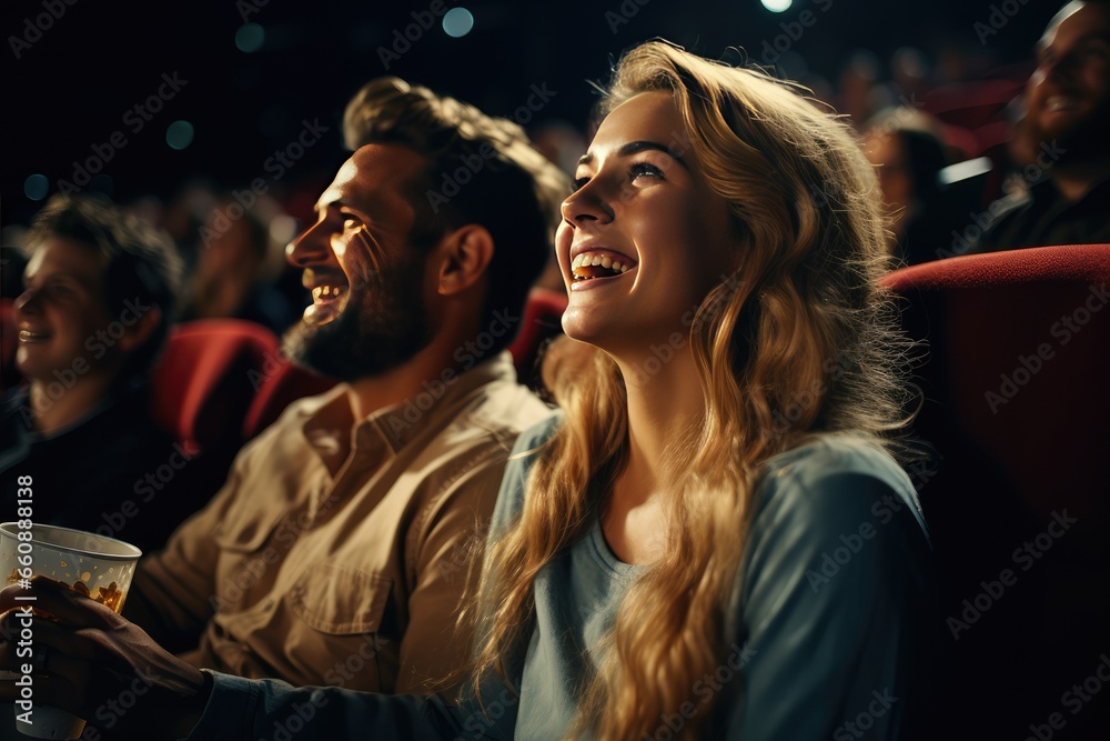 A happy young couple at the cinema, watching an exciting movie. Cinema concept.