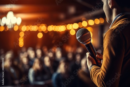 A speaker with a microphone in front of the audience. Live performance. Seminar or conference. General meeting. photo