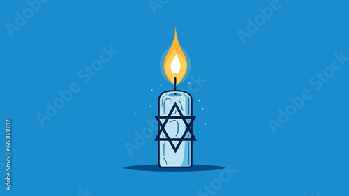 Vector illustration, stockphoto, White candle with the david star, symbol of Israel on a blue background with israeli flag. Copy space available. Hope an pray for Israel and the israeli people. Stop w