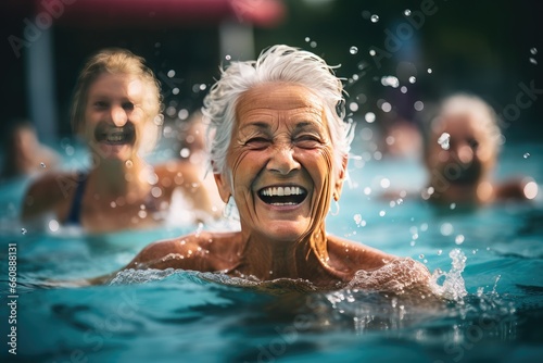Water exercise, active older women enjoying water aerobics classes in a pool, displaying joy. © Creative Clicks