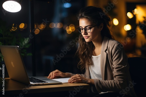 Young businesswoman working in the office at night in front of her computer.