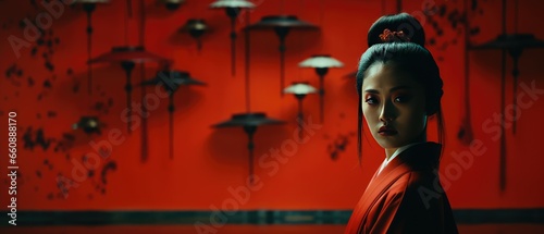 Wide shot of a geisha minimalist cinematic sequence