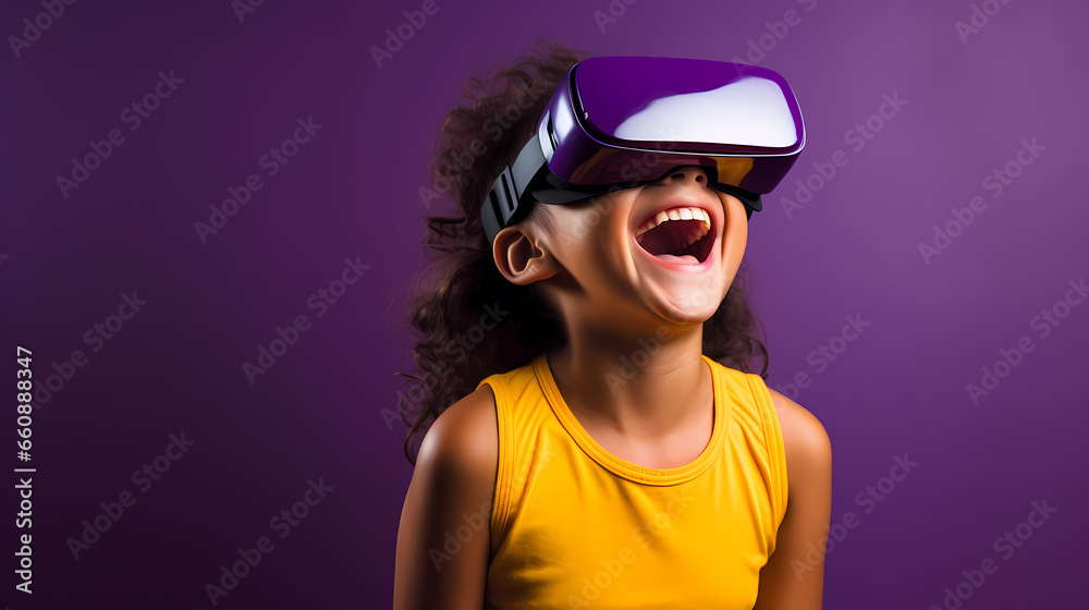 little girl with vr glasses purple background