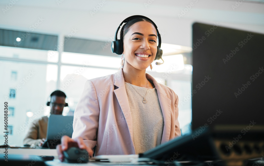 Happy woman, portrait and call center on laptop in customer service, support or telemarketing at office. Face of female person, consultant or agent smile with headphones in online advice at workplace - obrazy, fototapety, plakaty 
