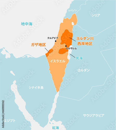 パレスチナ問題 (イスラエル・パレスチナ・ガザ地区) ベクターマップイラスト