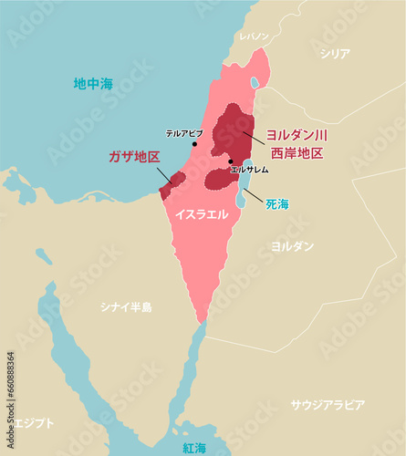 パレスチナ問題 (イスラエル・パレスチナ・ガザ地区) ベクターマップイラスト