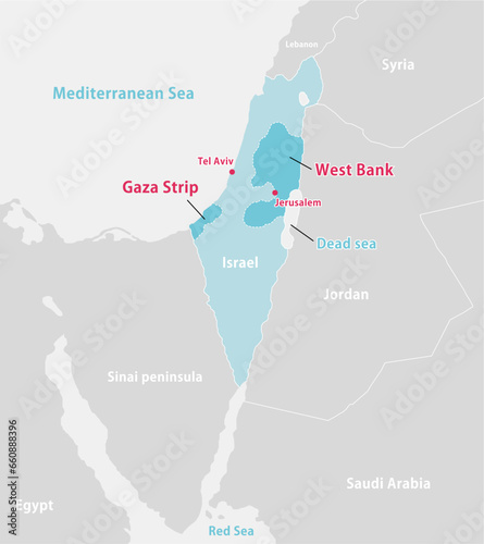 Palestine war (Israel, Palestine and Gaza Strip) and surrounding countries map illustration