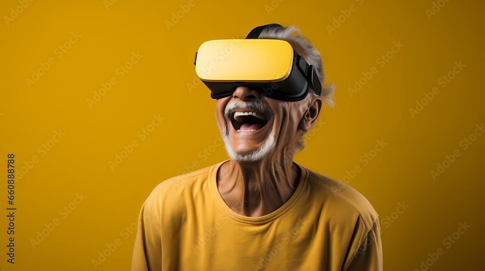 senior man with vr glasses yellow background senior man with vr glasses yellow background