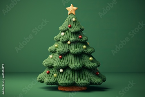 Cute knitted fabric Christmas tree on green background photo