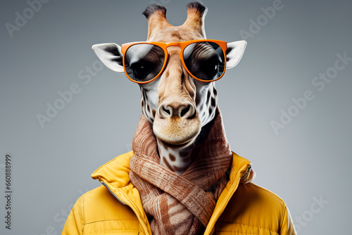 Giraffe head wearing sunglasses on the human body of a man wearing winter clothes.