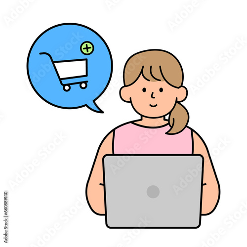 Woman is currently shopping online. simple vector illustration.