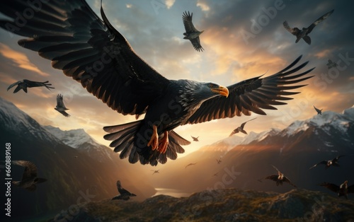 Majestic Golden Eagles Soaring Against a Mountainous Sunset.
