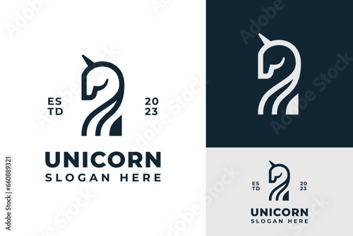 Creative Modern Monoline Horse Unicorn Horn Head Symbol of Purity Innocence Power Logo Design Branding Template