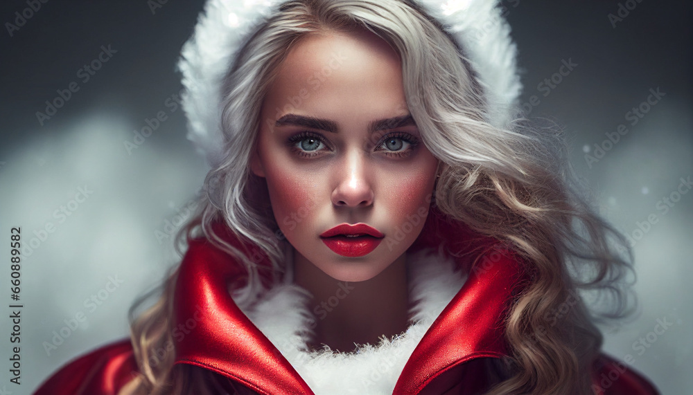 Weihnachtliches Portrait einer Frau zu Weihnachten als Weihnachtsfrau für Grußkarte