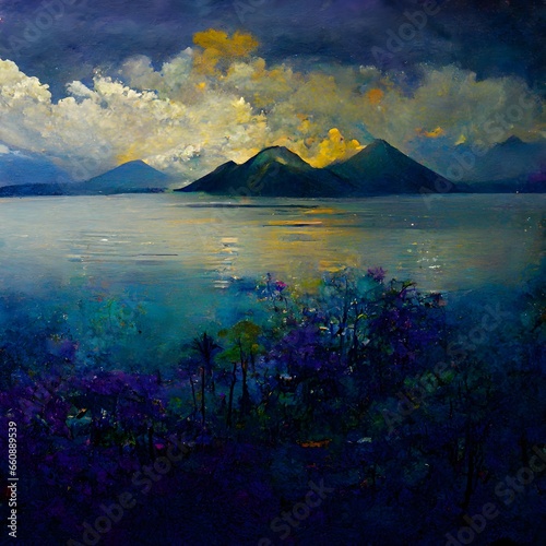 modern expressionism surreal brush Strokes interest purple teal blue lake Atitlan 