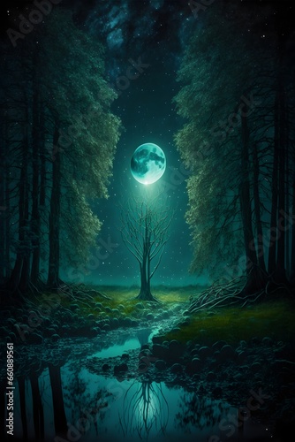new year celebration scene concept forest in the moonlight with lush green trees and star light on the ground quiet tranquil ethereal realistic fantasy fantasy scene landscape fantasy art  © Joshua