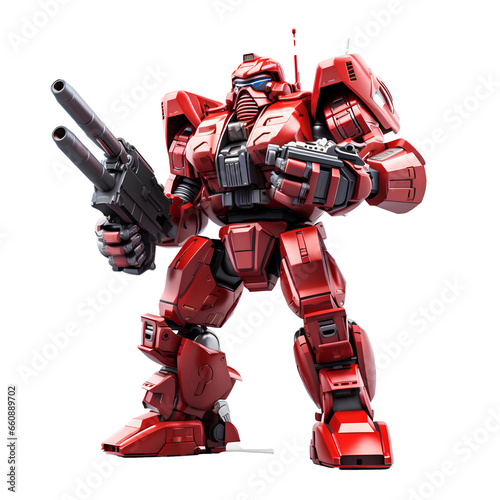 Red warrior robot on transparent background PNG. Future robot war concept.
