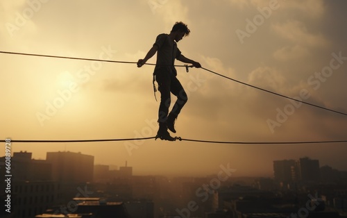 A Delicate Dance Man Shows Nerve on the Tight rope.