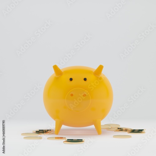 Pig piggy bank with a set of gold coins, 3D render.