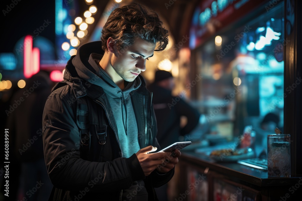 A young man doing online shopping on Cyber Monday at his smartphone on a night street illuminated by neon lights.