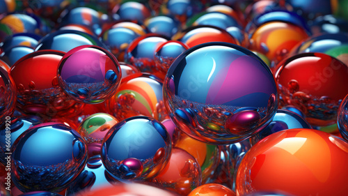 group of colorful glass balls in blue and red