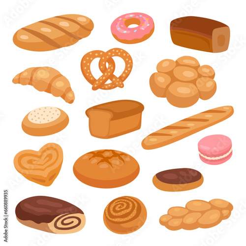 Bakery and pastry products set: whole grain bread, dark rye bread, wheat bun, donut, croissant, cottage cheese cake, french baguette, loaf, pretzel, chocolate roll, macaroon cookies, cinnamon bun